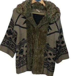Faux Fur Trim Knit Cardigan Sweater With Nordic Pattern - Small - Beige & Black